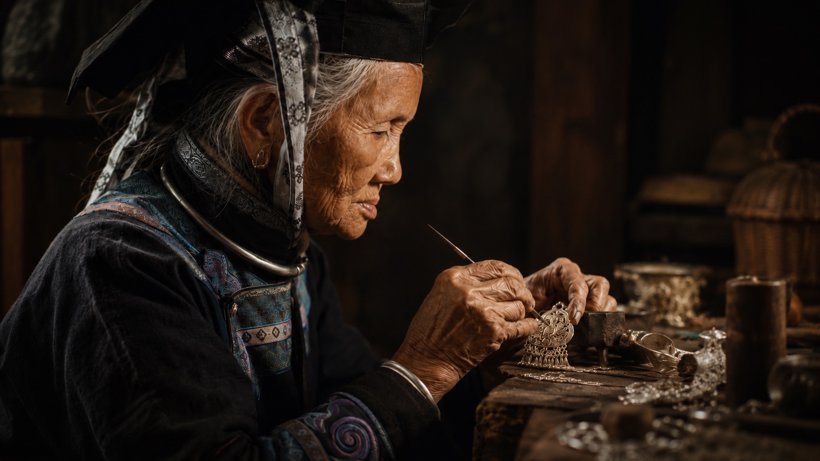 An artisan in Yunnan hand-crafting silver jewelry