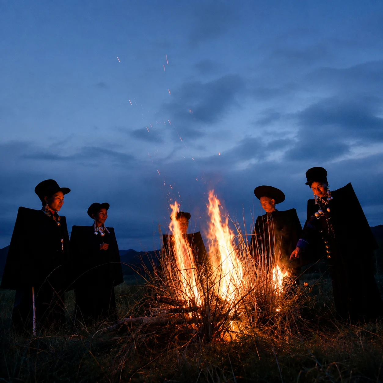 Yi community members gathered around a ceremonial fire at dusk