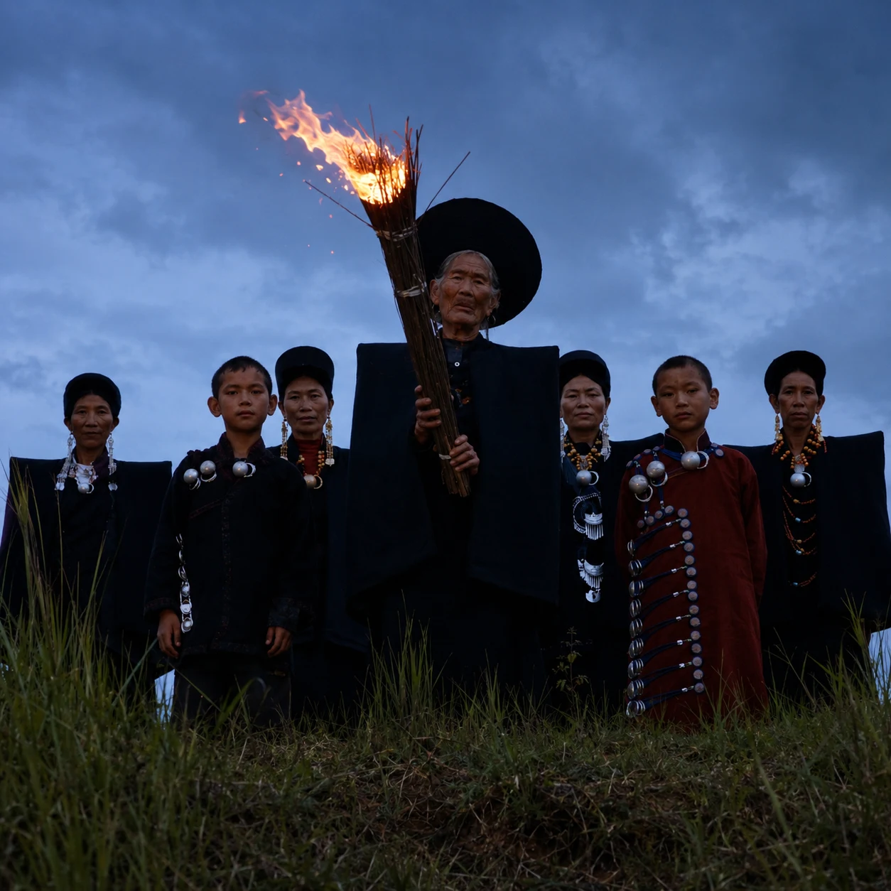 A Yi family gathered on a hillside around an elder carrying a ceremonial torch