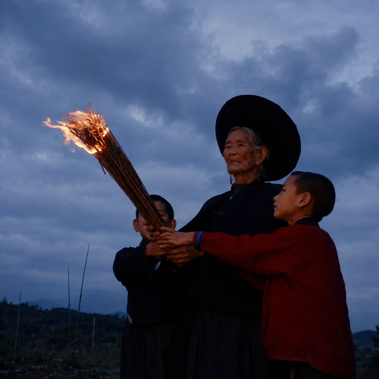 An elder and a child holding the same burning torch together