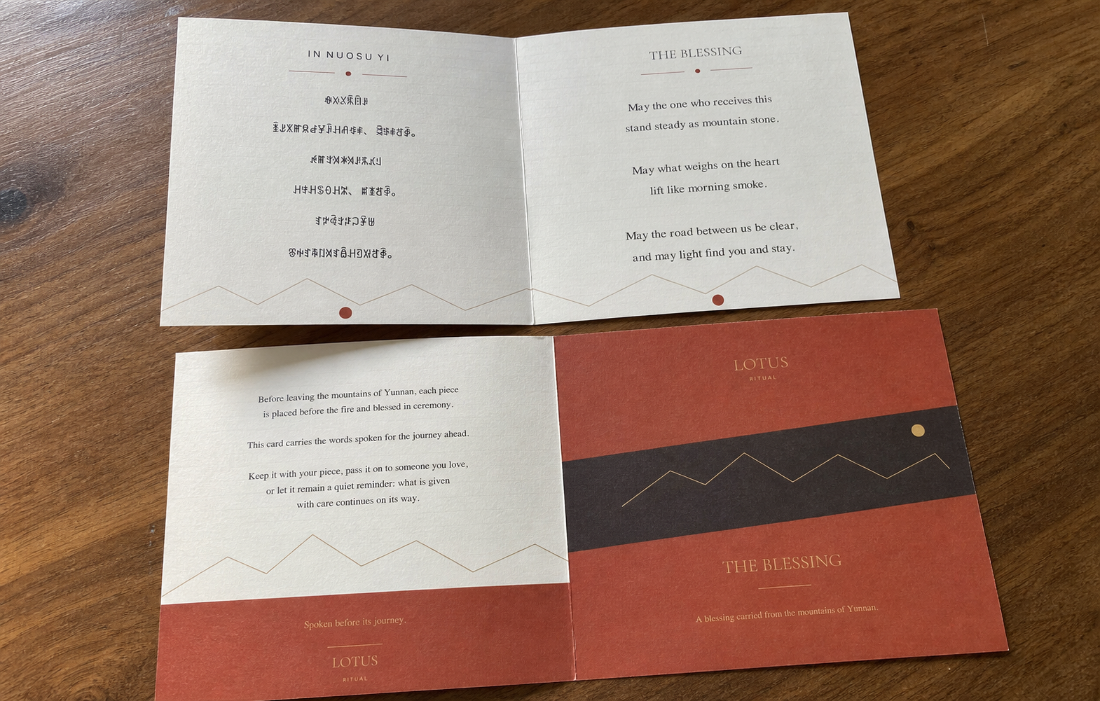 Lotus Ritual blessing card showing the Nuosu Yi blessing and its English translation