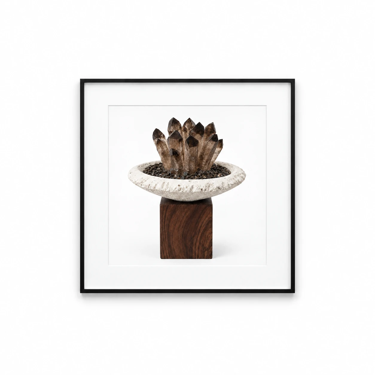 Smoky quartz sculpture displayed in a black gallery frame