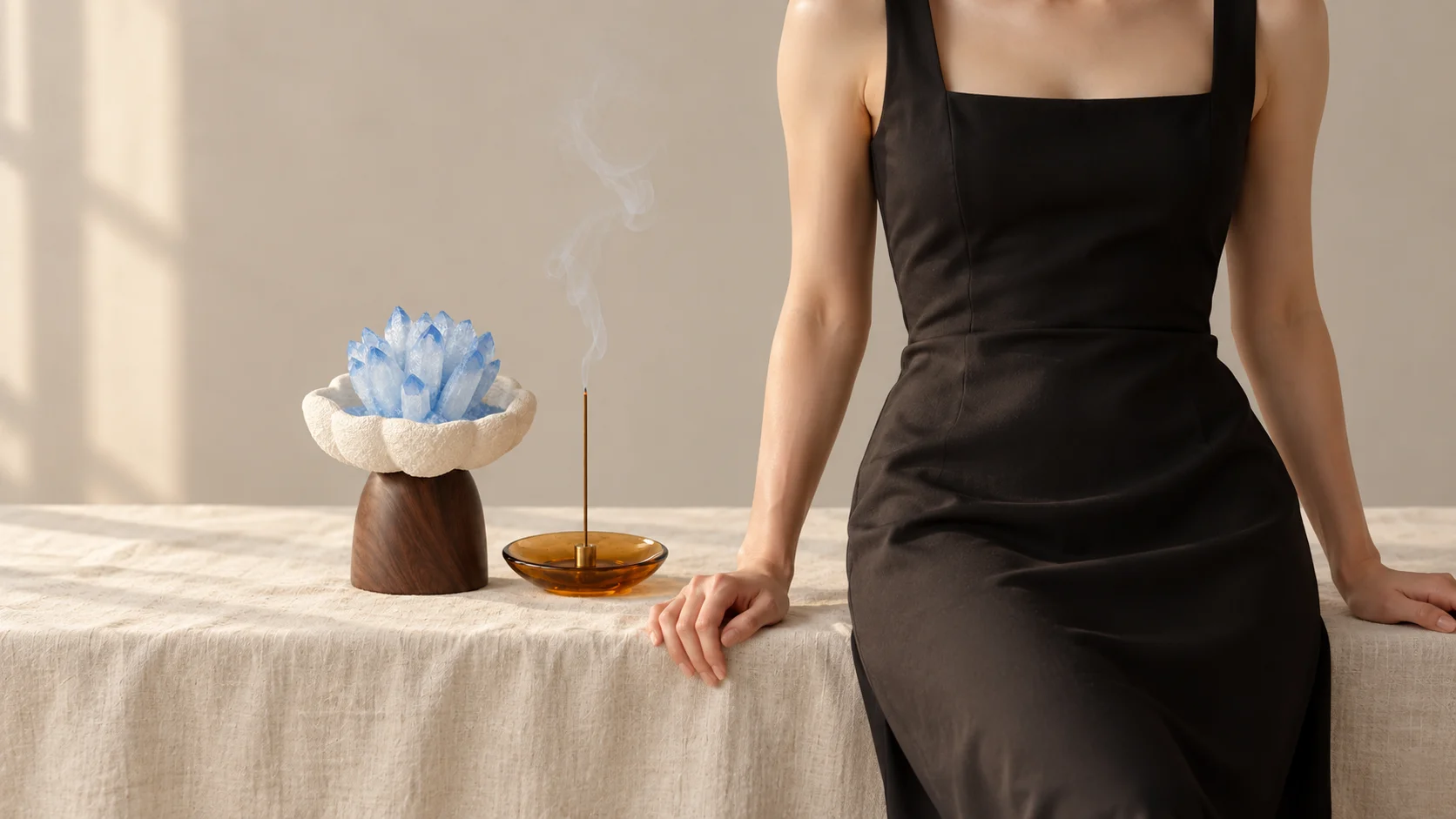 Blue crystal and burning incense beside a woman in a black dress