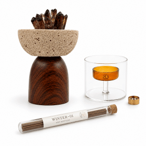 Quiet Amber Ritual Set — smoky crystal cluster, Winter-01 incense, amber glass holder