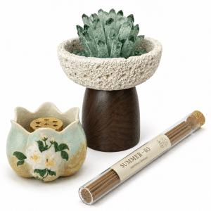 Forest Bloom Ritual Set — green crystal cluster, Summer-03 incense, floral incense holder