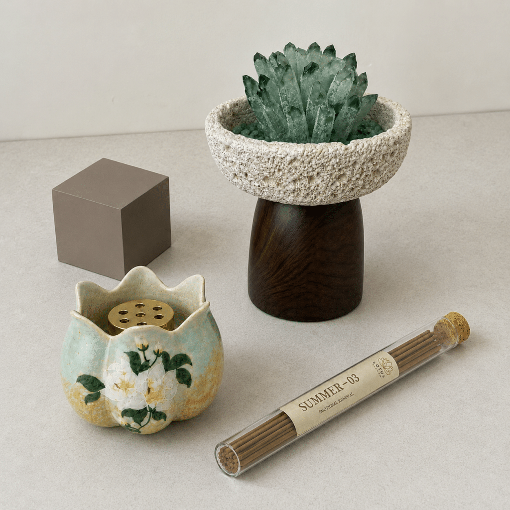 Forest Bloom Ritual Set — green crystal cluster, floral home ritual setting