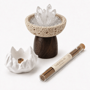 Silver Summit Ritual Set — clear crystal cluster, Gardenia-05 incense, white mountain incense plate