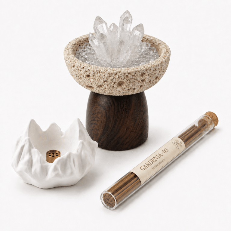 Silver Summit Ritual Set — clear crystal cluster, Gardenia-05 incense, white mountain incense plate