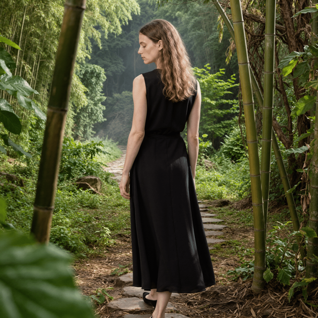 A woman in a black dress walking quietly through a green bamboo grove.