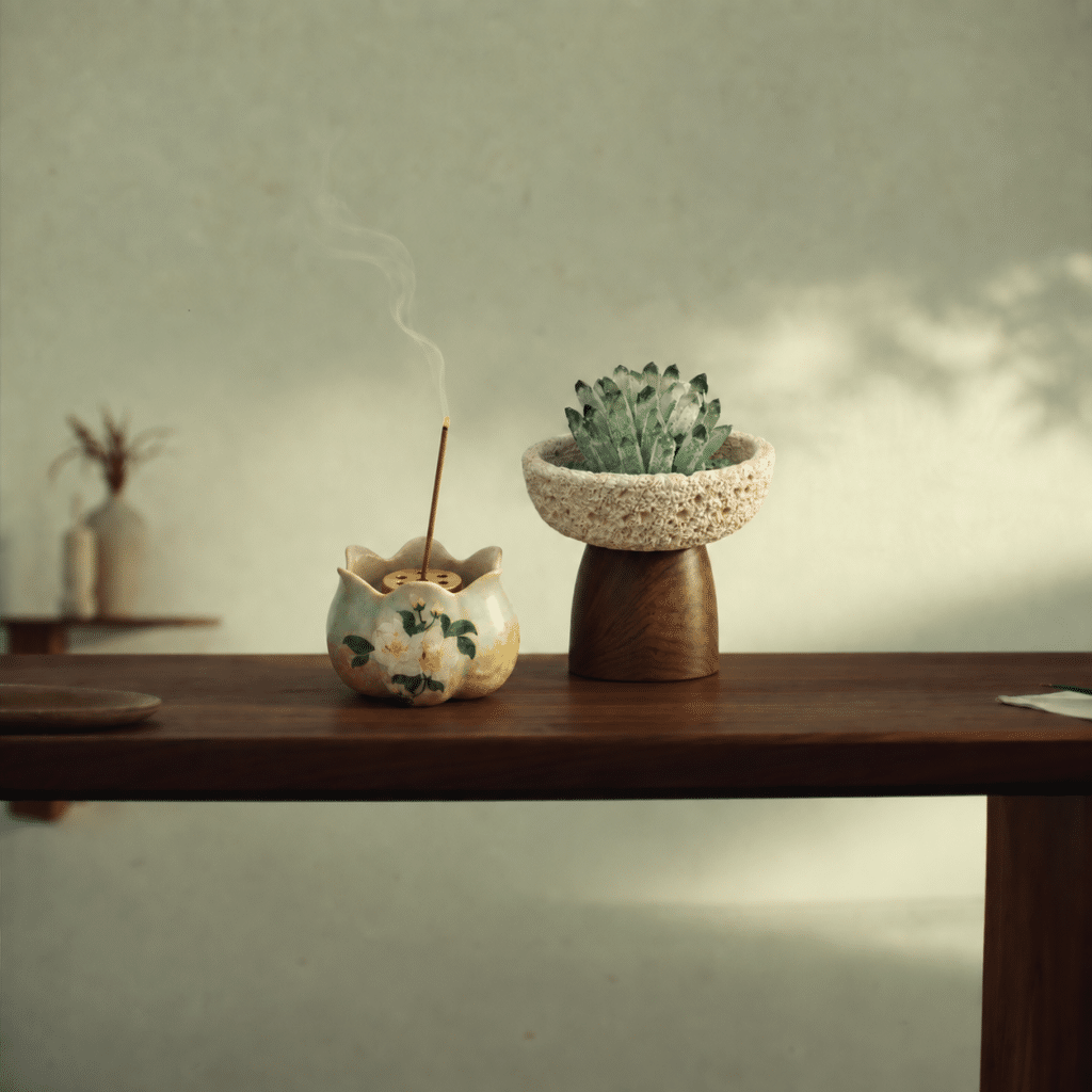 Forest Bloom Ritual Set on a dark wooden table, with green quartz and incense smoke.