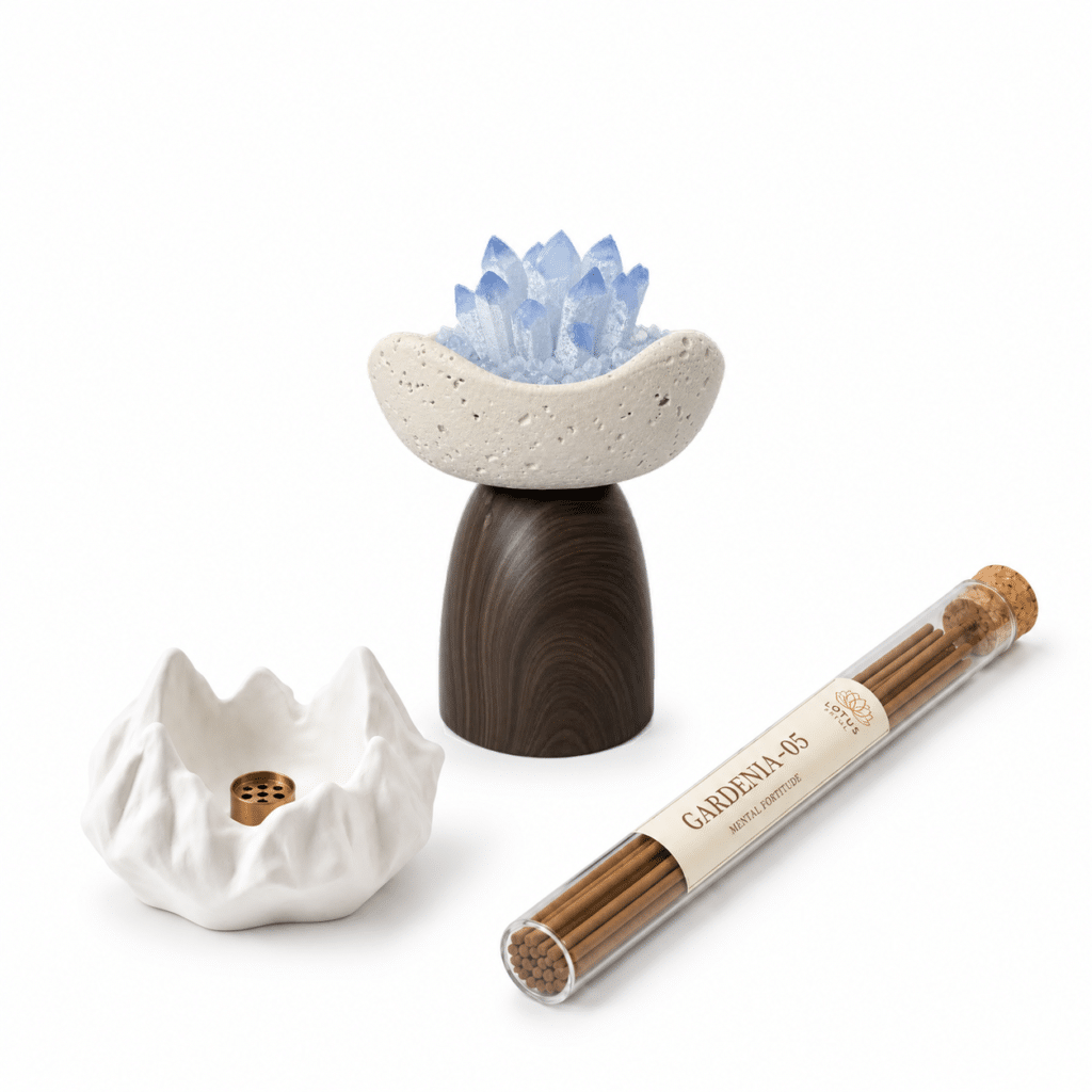 Moonlit Pause Ritual Set with Luna Cradle Aura Quartz Cluster, Gardenia-05 Incense Sticks, and a white ceramic mountain incense plate.