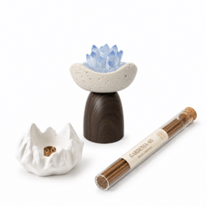 Moonlit Pause Ritual Set with Luna Cradle Aura Quartz Cluster, Gardenia-05 Incense Sticks, and a white ceramic mountain incense plate.