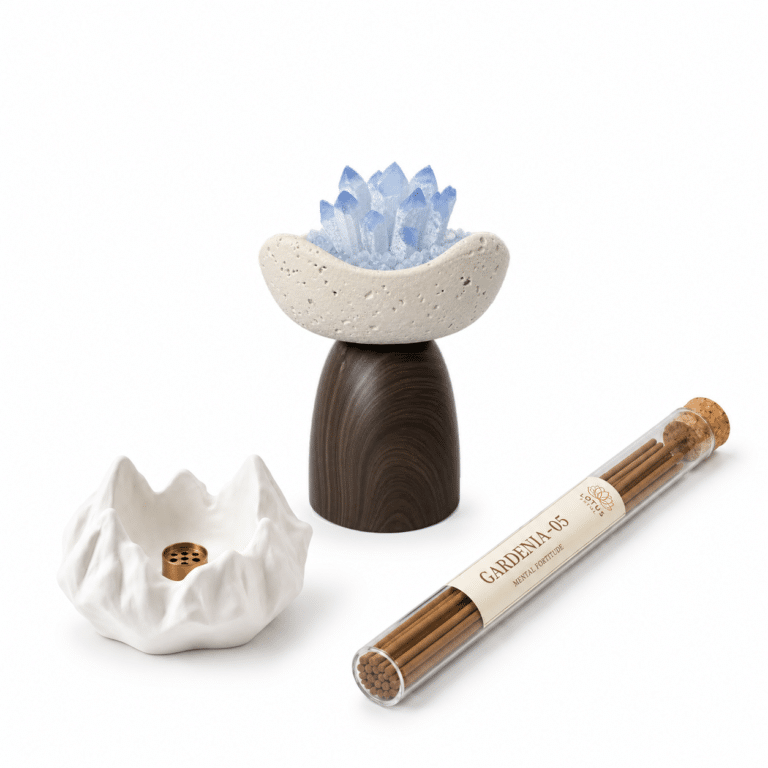 Moonlit Pause Ritual Set with Luna Cradle Aura Quartz Cluster, Gardenia-05 Incense Sticks, and a white ceramic mountain incense plate.