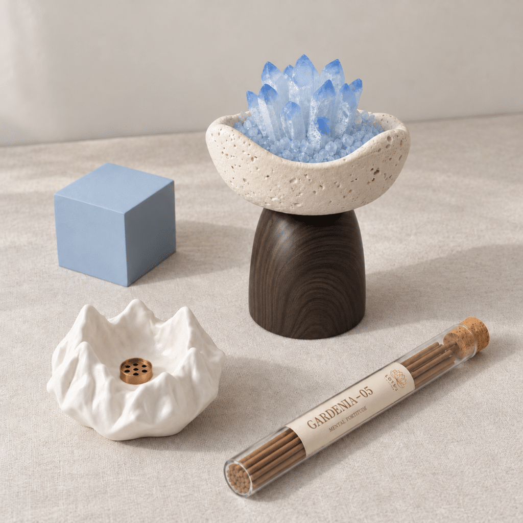 Moonlit Pause Ritual Set arranged on pale textured fabric with a blue decorative cube.