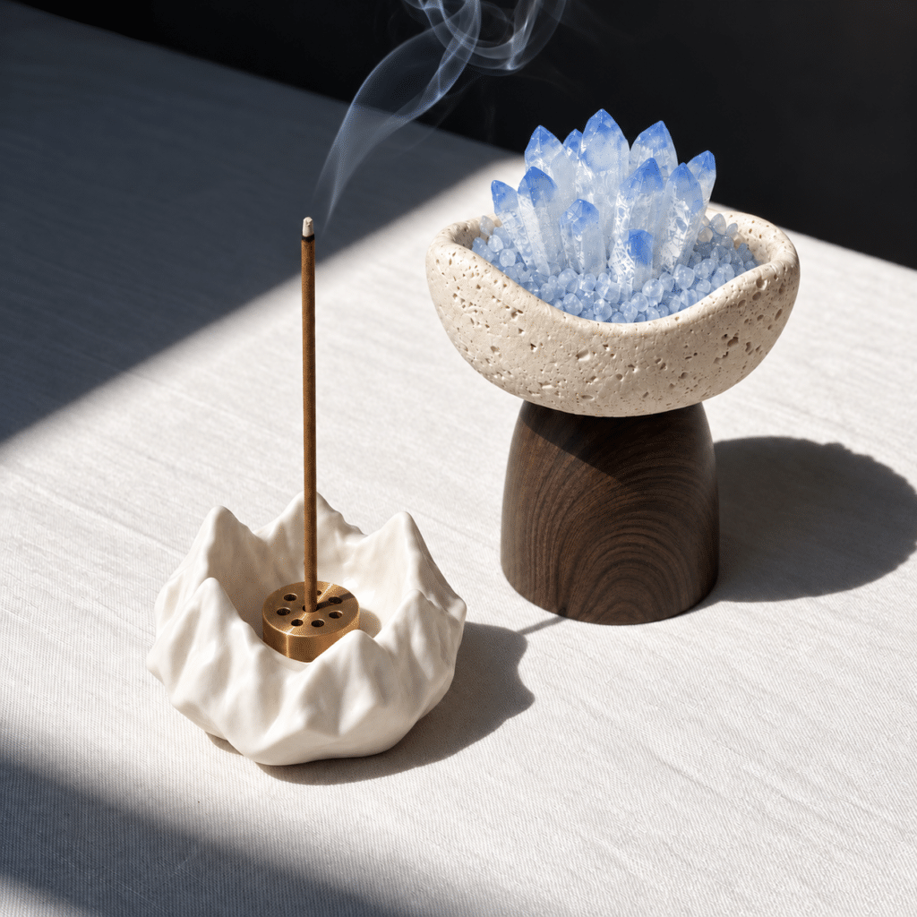 Luna Cradle and a white mountain incense plate with a burning incense stick on fabric in angled light.