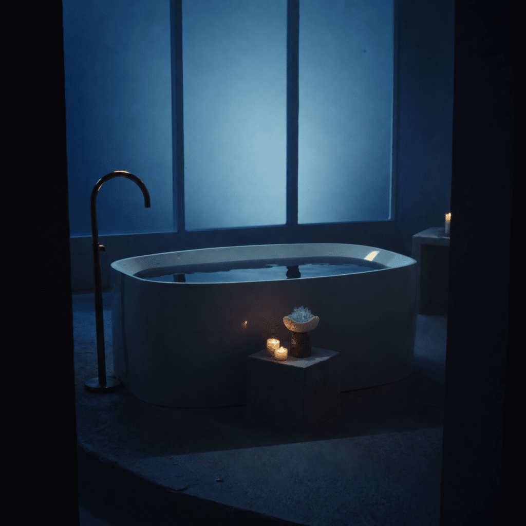 Luna Cradle beside candles and a bathtub in a blue evening interior.