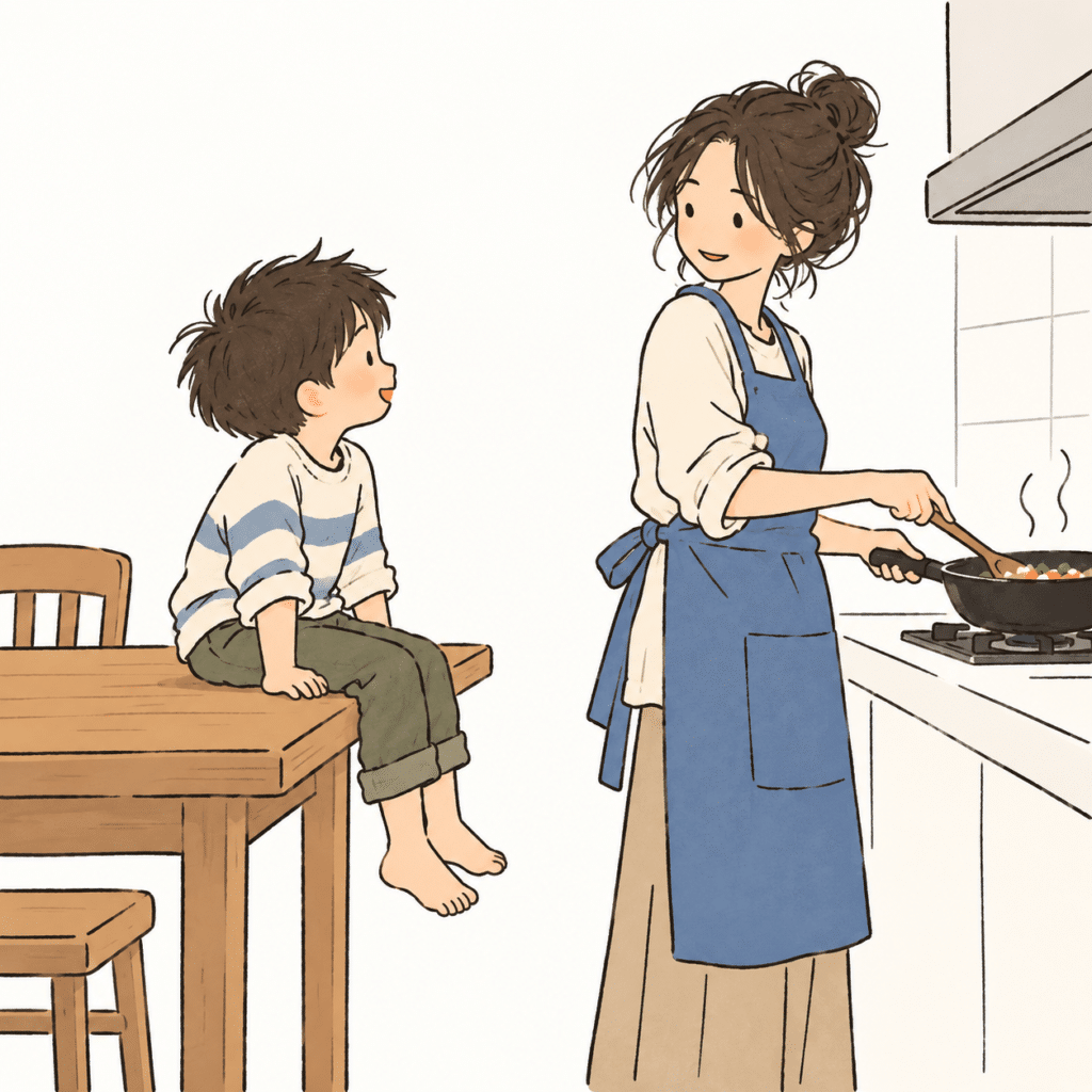 Illustration of a boy watching his mother cook in the kitchen.