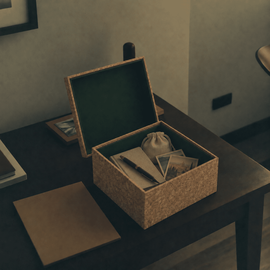 Lotus Ritual gift box reused on a desk to hold a notebook, pen, photographs, and a cotton drawstring pouch.