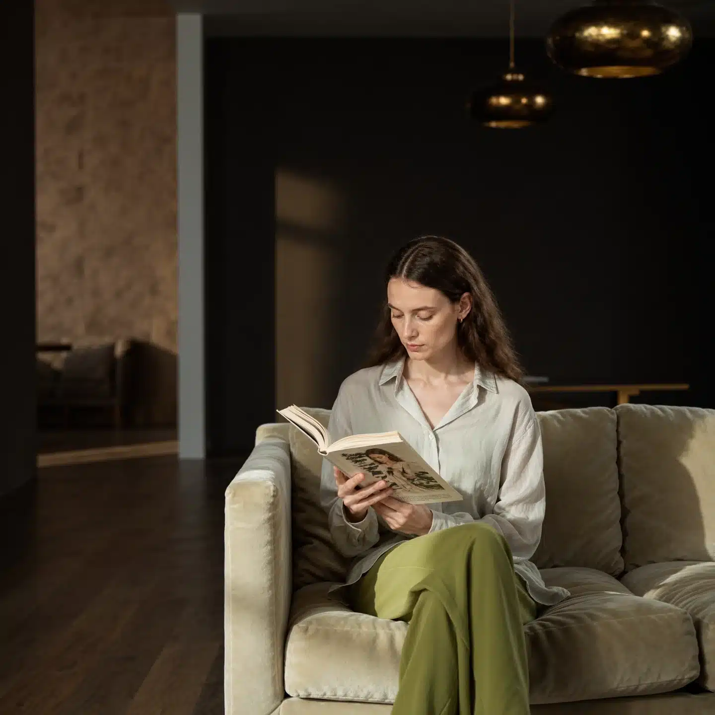 A woman reading in a quiet, sunlit room